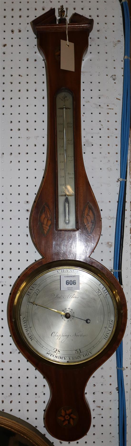 A Regency inlaid mahogany wheel barometer, 3ft 3in.